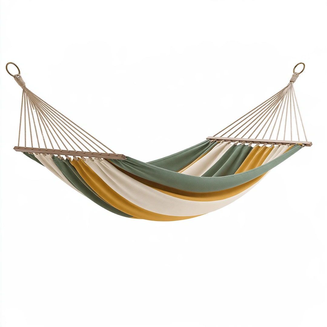 Amaca 320 x 140 cm in tessuto verde beige senape con barre in legno per giardino