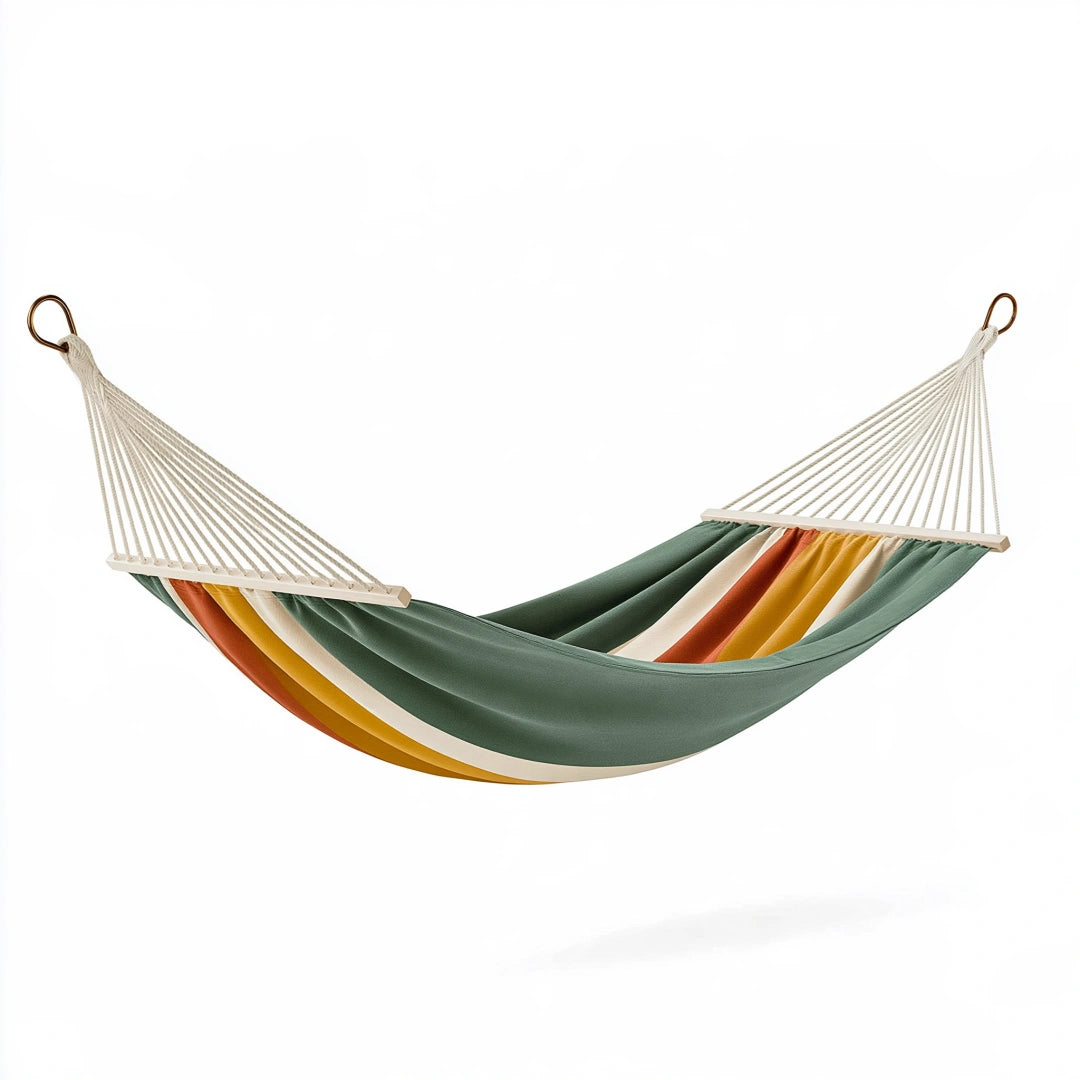 Amaca 300 x 100 cm in cotone verde salvia multicolore con barre in legno per esterno