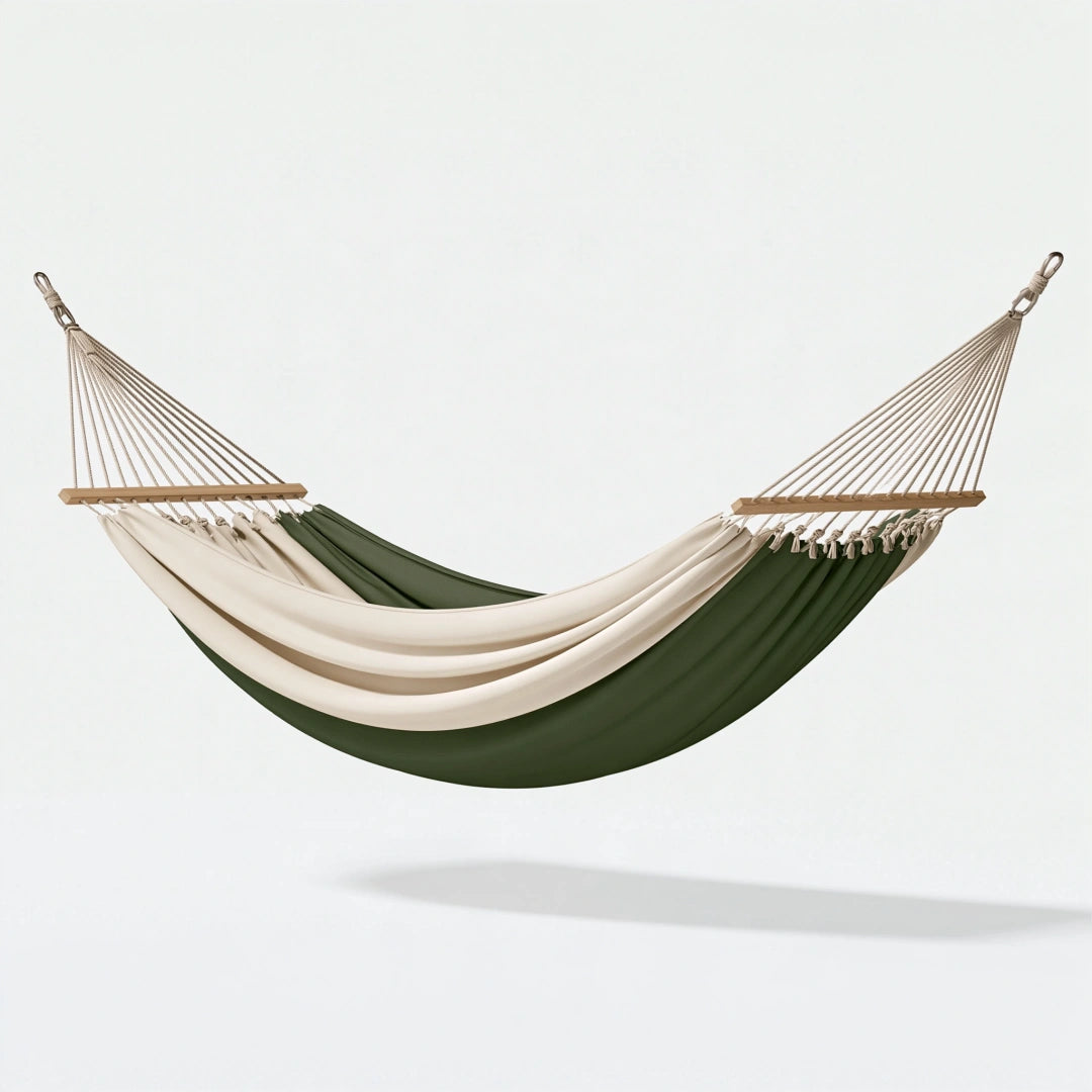 Amaca 300 x 140 cm in tessuto verde e avorio con barre in legno per esterno