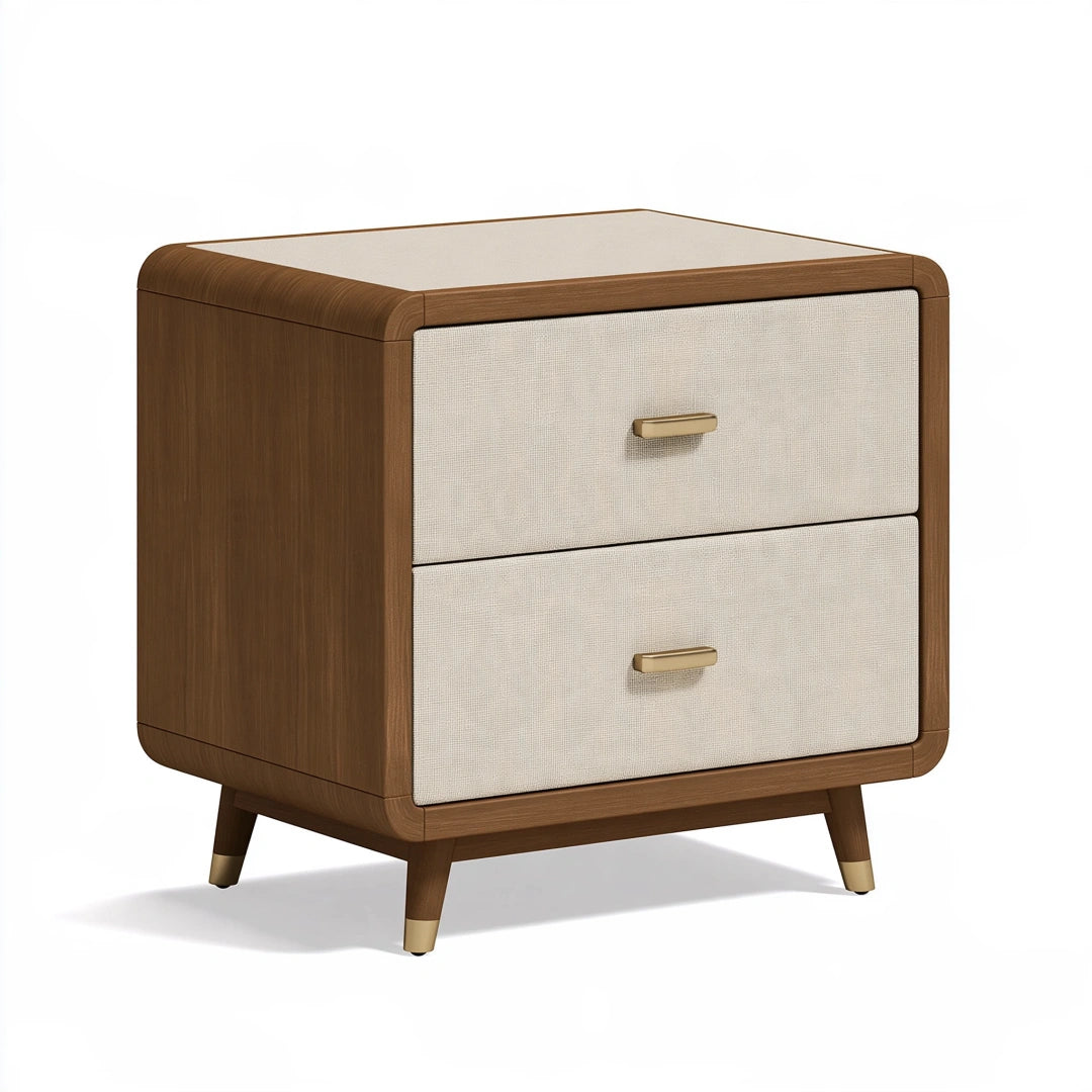 Comodino 55 x 45 x 60 cm in legno noce e tessuto beige - due cassetti stile moderno