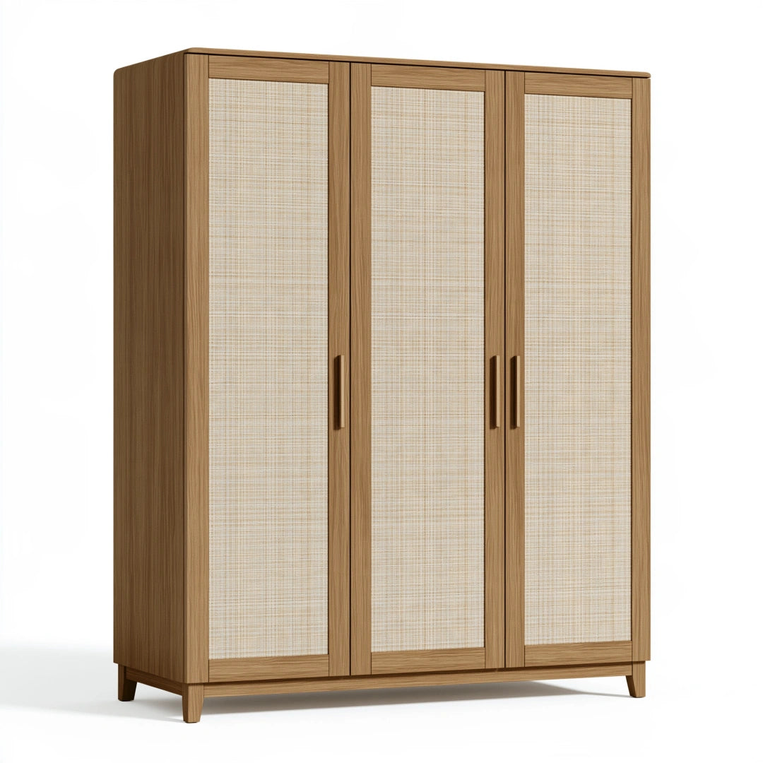 Armadio guardaroba 150 x 55 x 200 cm in legno marrone con pannelli effetto rattan stile naturale