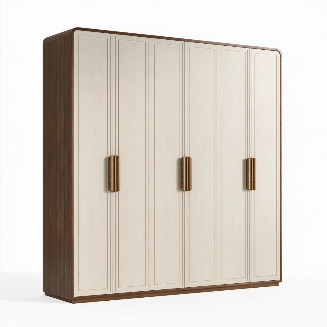 Armadio 270 x 60 x 220 cm in legno beige e noce a 6 ante stile moderno