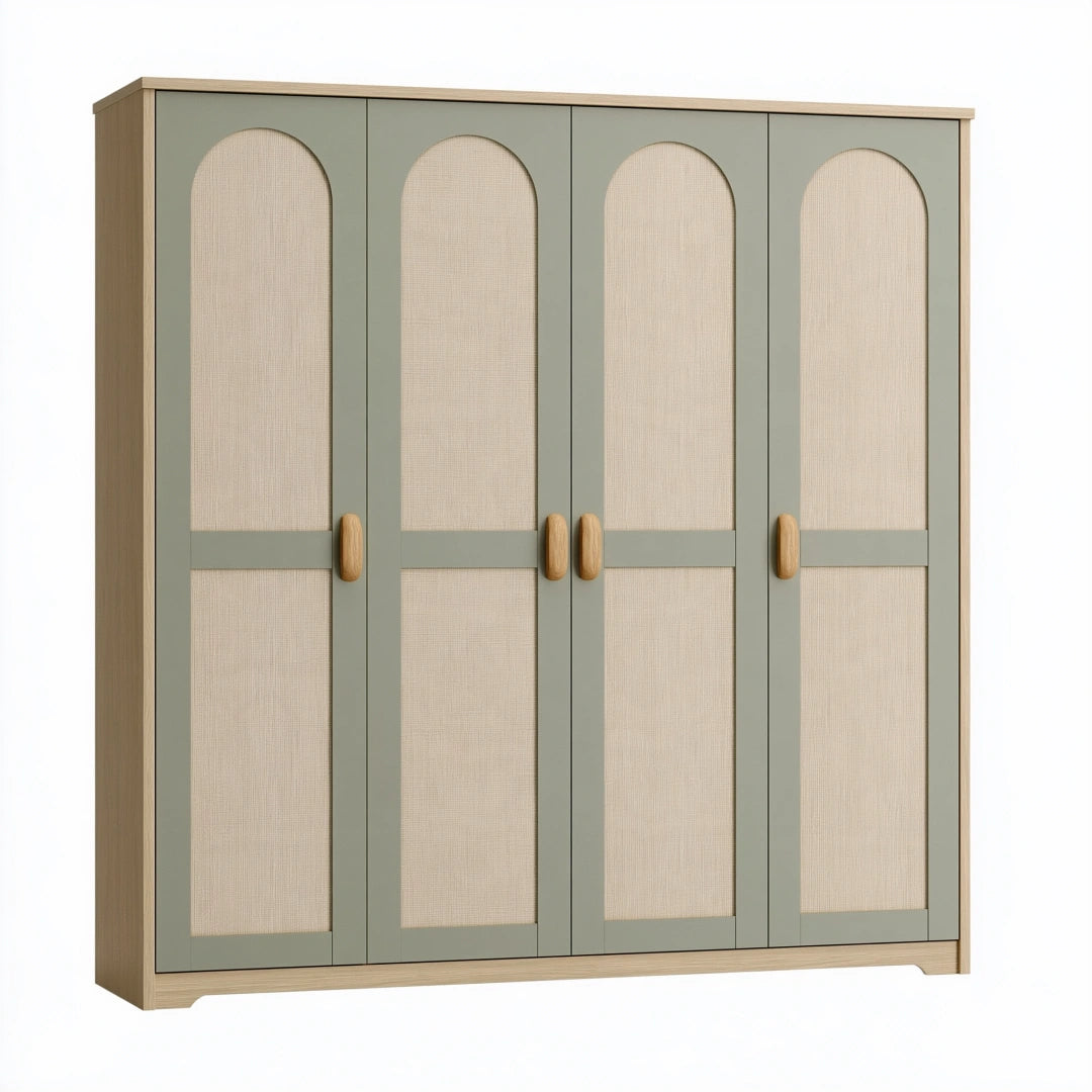 Armadio 180x55x200 cm in legno beige e verde salvia a 4 ante con pannelli intrecciati