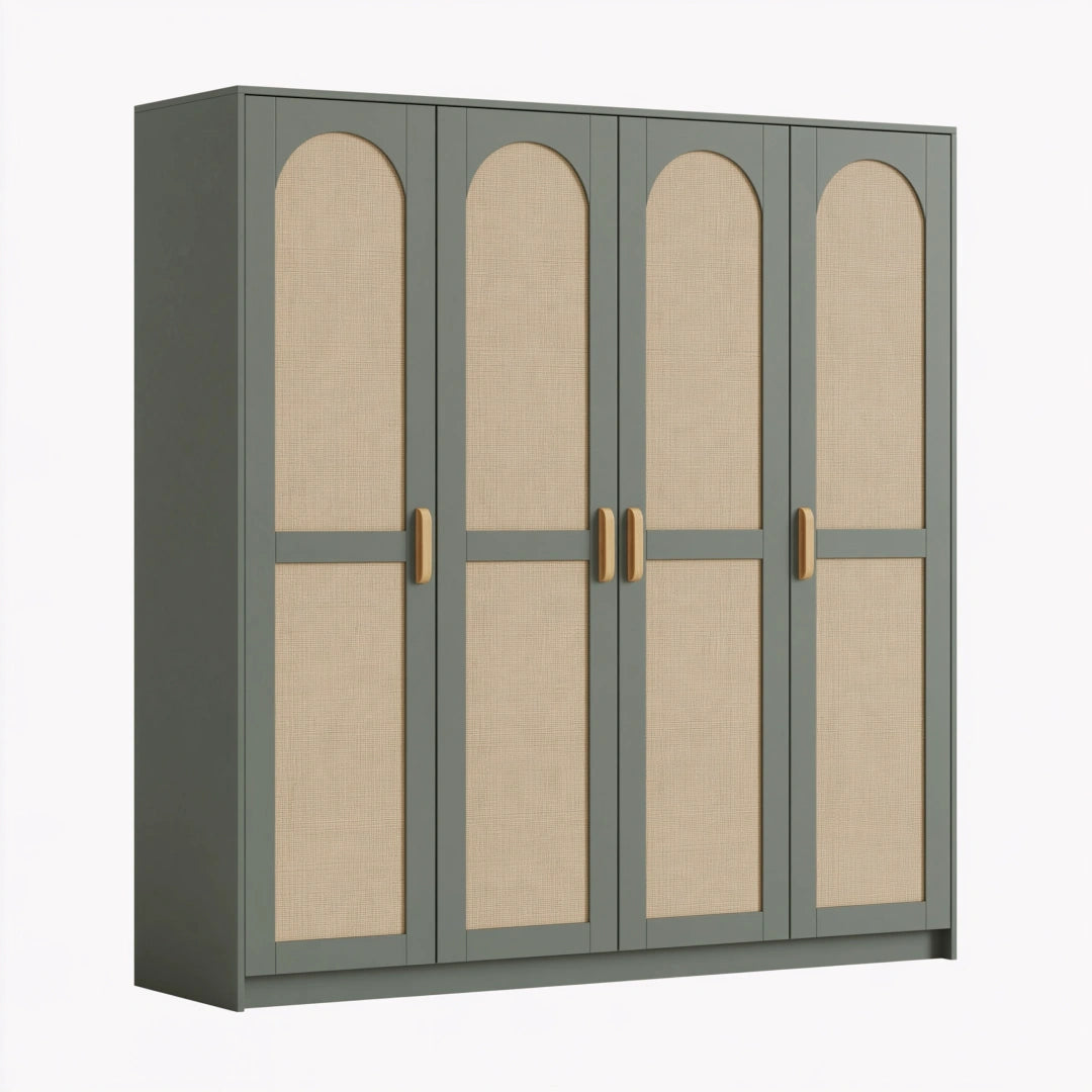 Armadio guardaroba 180 x 60 x 200 cm verde salvia in legno e rattan a 4 ante