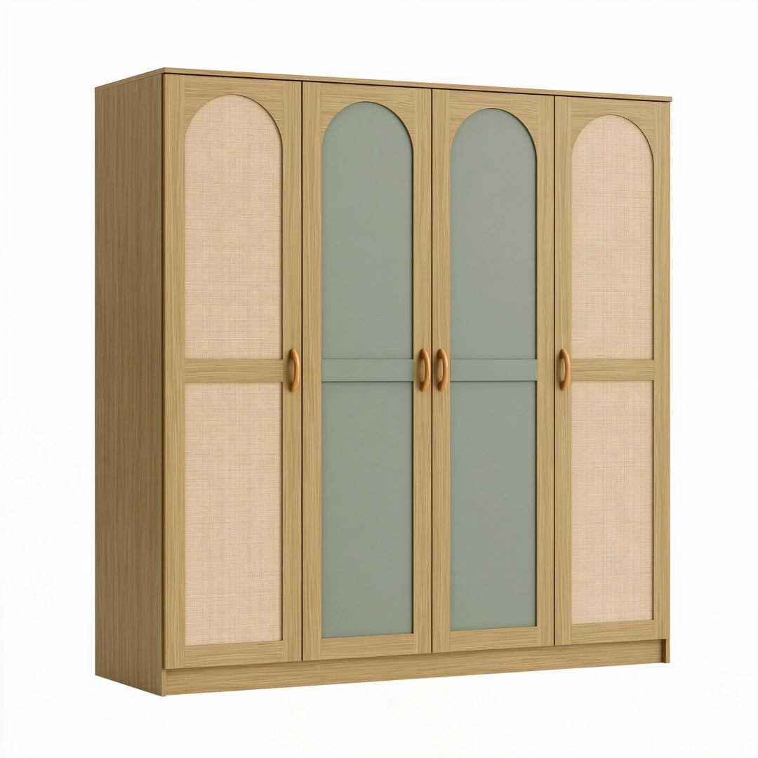 Armadio guardaroba 200 x 60 x 200 cm in legno e fibra intrecciata naturale verde salvia a quattro ante stile nordico