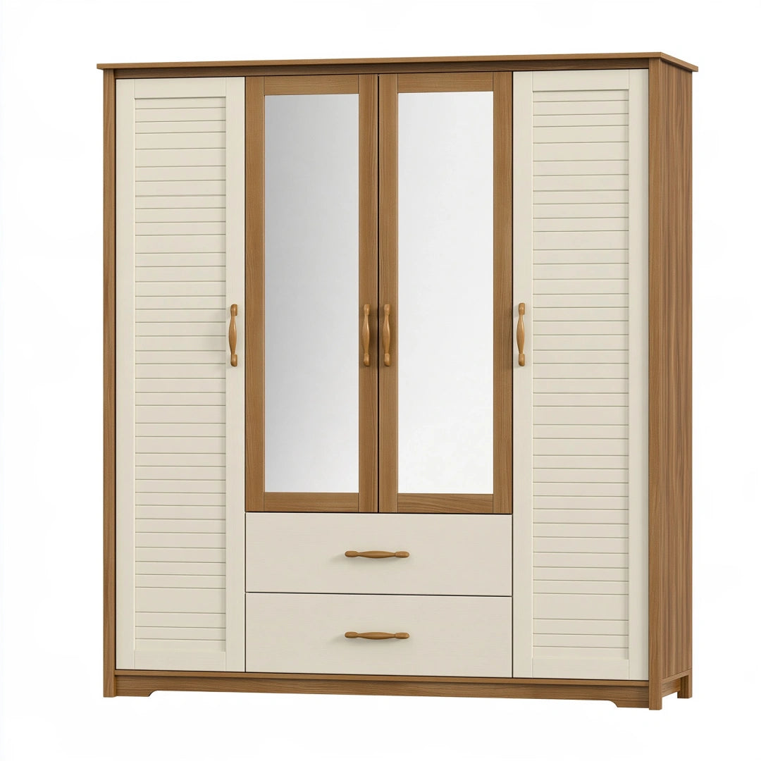 Armadio guardaroba 180 x 60 x 200 cm in legno marrone e crema con specchi e cassetti