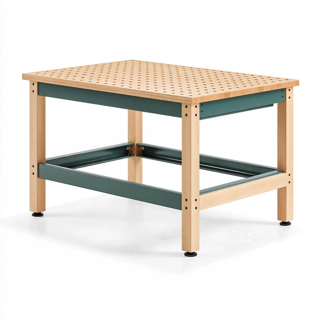 Banco da lavoro 120 x 60 x 90 cm in legno naturale e metallo verde con piano perforato