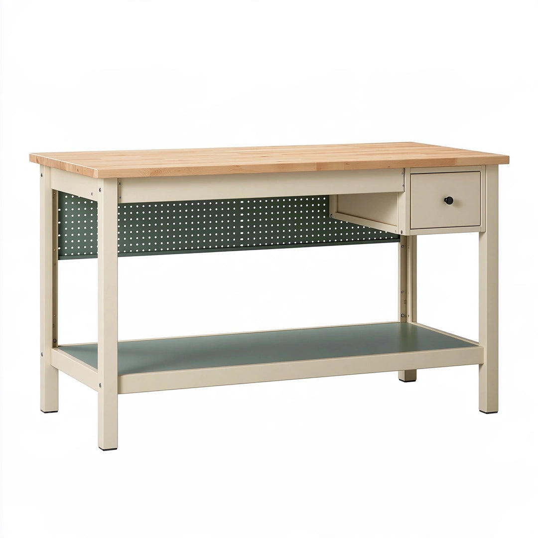 Tavolo da lavoro 120x60x90 cm in legno e metallo beige con ripiano e cassetto