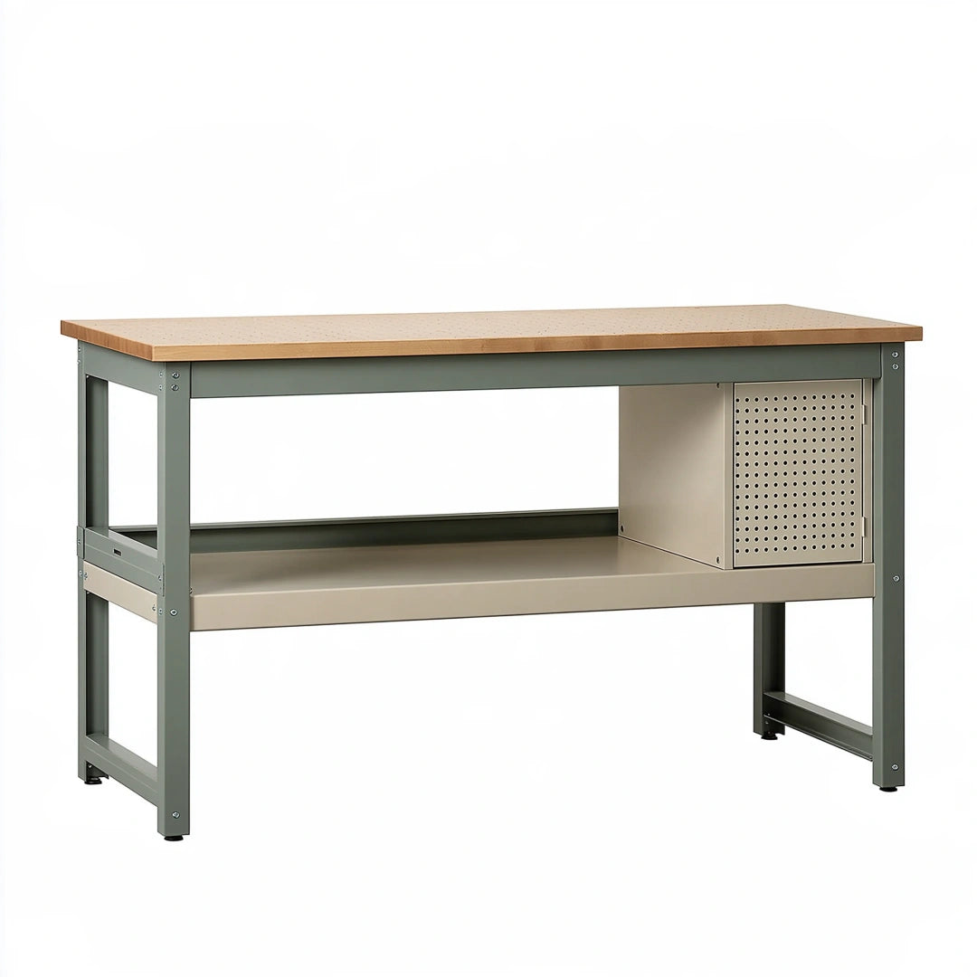 Banco da lavoro 120 x 60 x 90 cm in legno e metallo grigio con ripiano e pannello forato