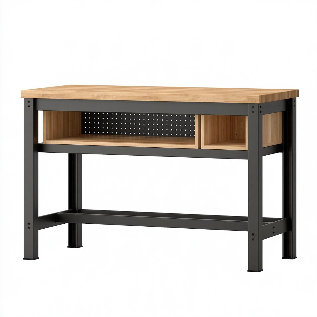 Banco da lavoro 120 x 60 x 90 cm in legno e metallo nero con vano portaoggetti stile industriale