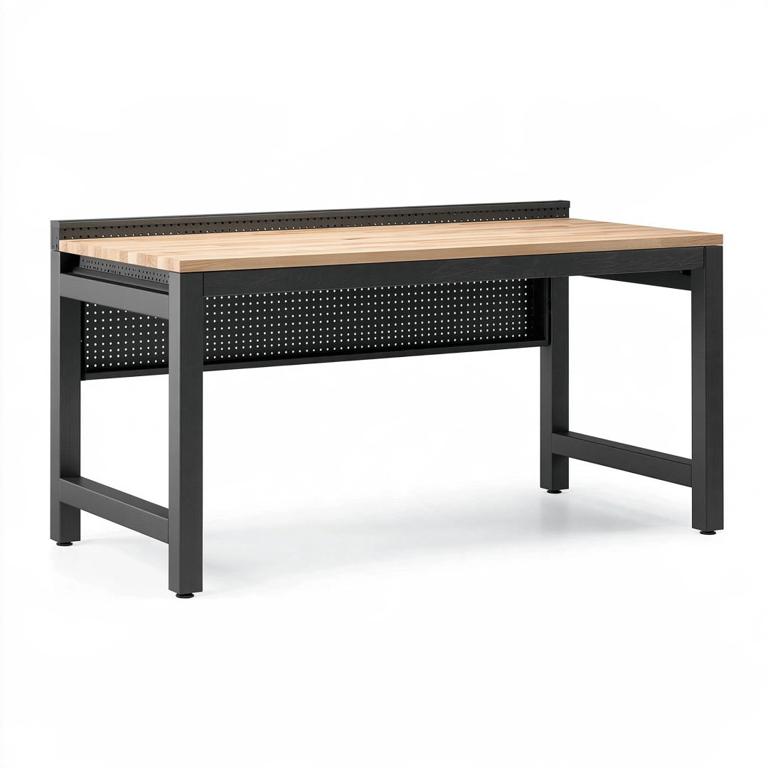 Banco da lavoro 120 x 60 x 90 cm in legno e acciaio nero con pannello portautensili