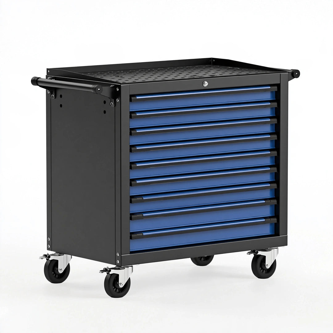 Carrello portautensili 100 x 50 x 95 cm in acciaio nero e blu con 10 cassetti e ruote