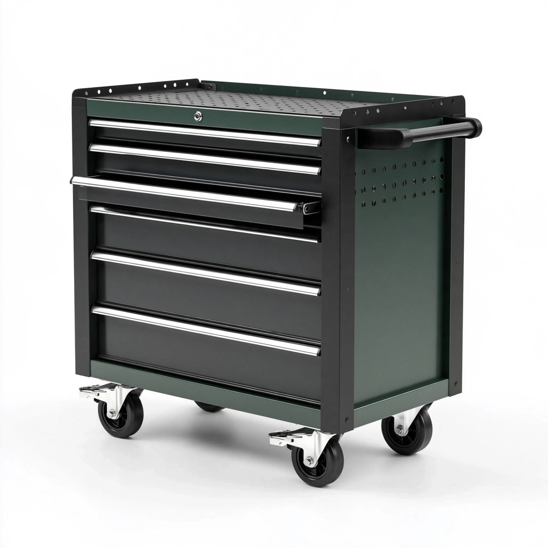 Carrello portautensili 77 x 46 x 97 cm in acciaio verde scuro e nero con 6 cassetti e ruote