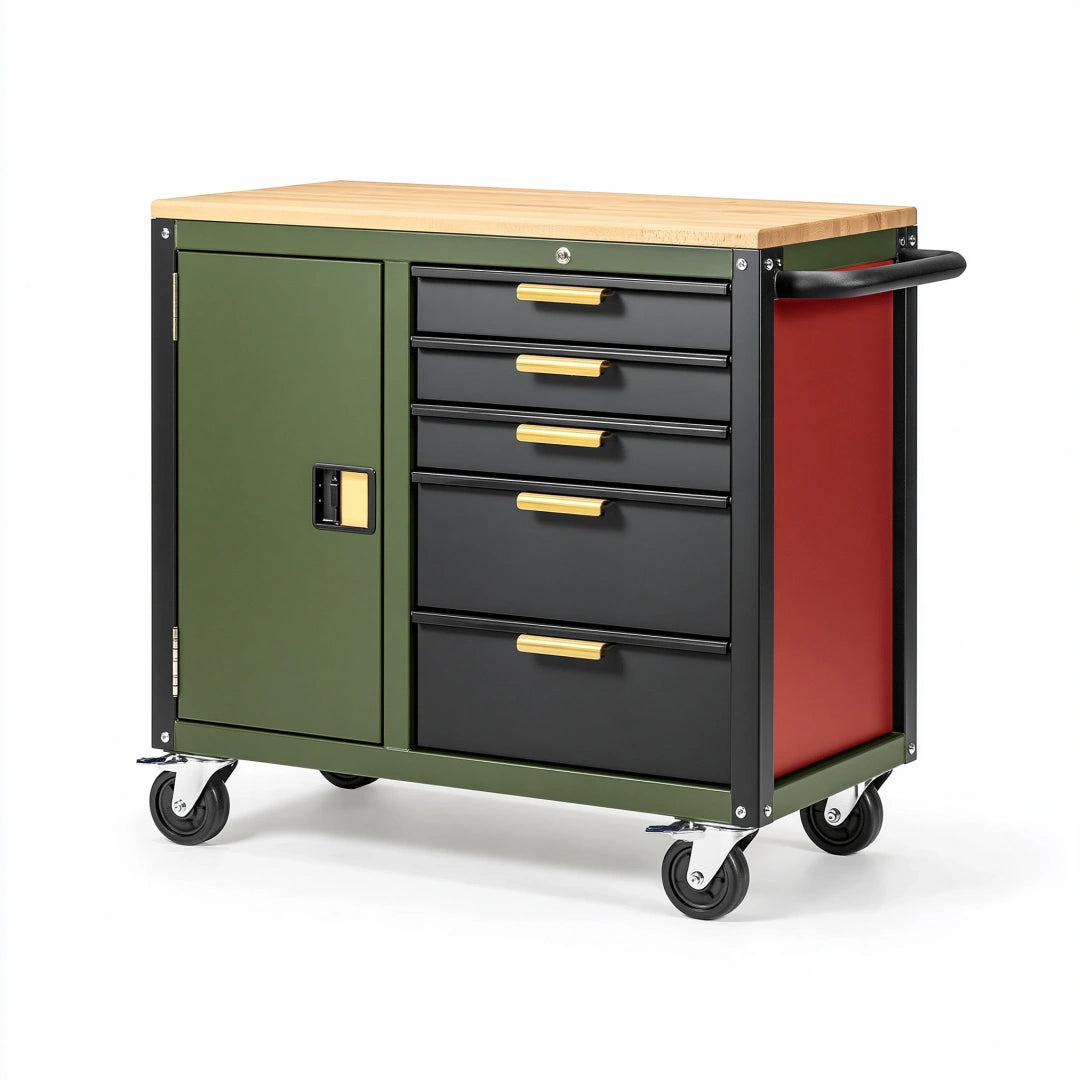 Carrello portautensili 100 x 50 x 90 cm in metallo verde nero con piano in legno e ruote