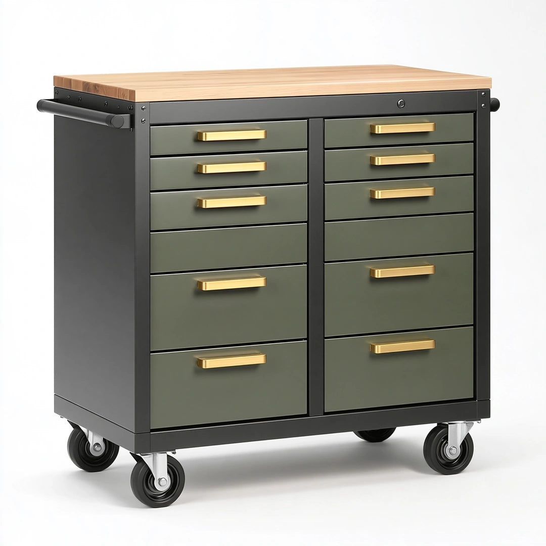 Cassettiera portautensili 90 x 50 x 95 cm in metallo verde oliva e nero con piano in legno - industriale su ruote