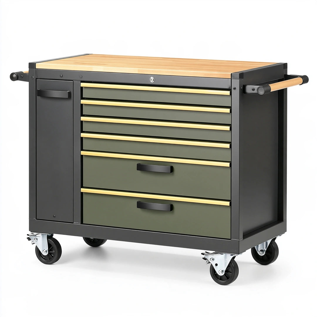 Carrello portautensili 100 x 50 x 95 cm in metallo nero con piano in legno mobile