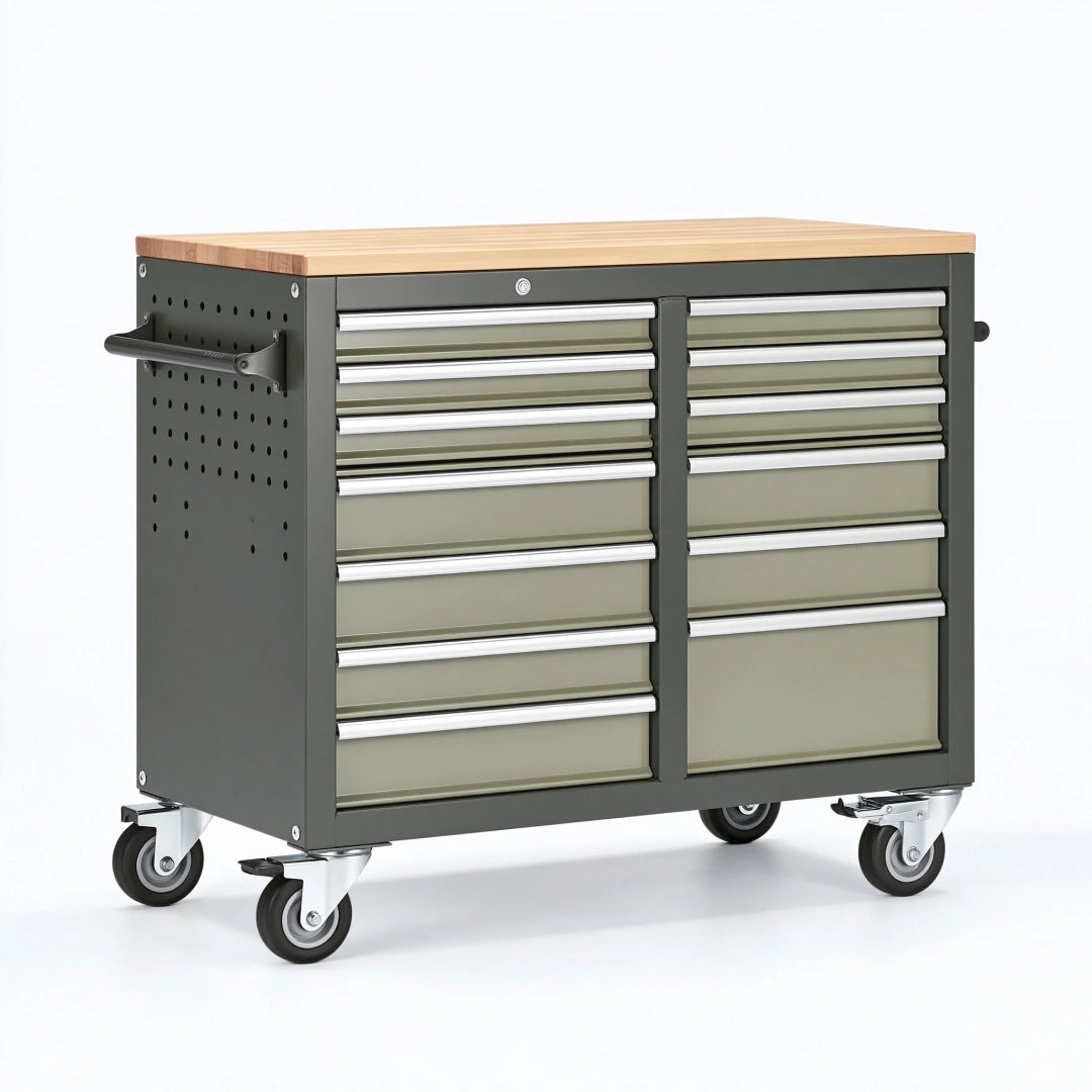 Carrello portautensili 100 x 50 x 90 cm in acciaio grigio con piano in legno e 13 cassetti