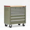Carrello portautensili 90 x 55 x 100 cm in metallo verde oliva con piano in legno e 8 cassetti