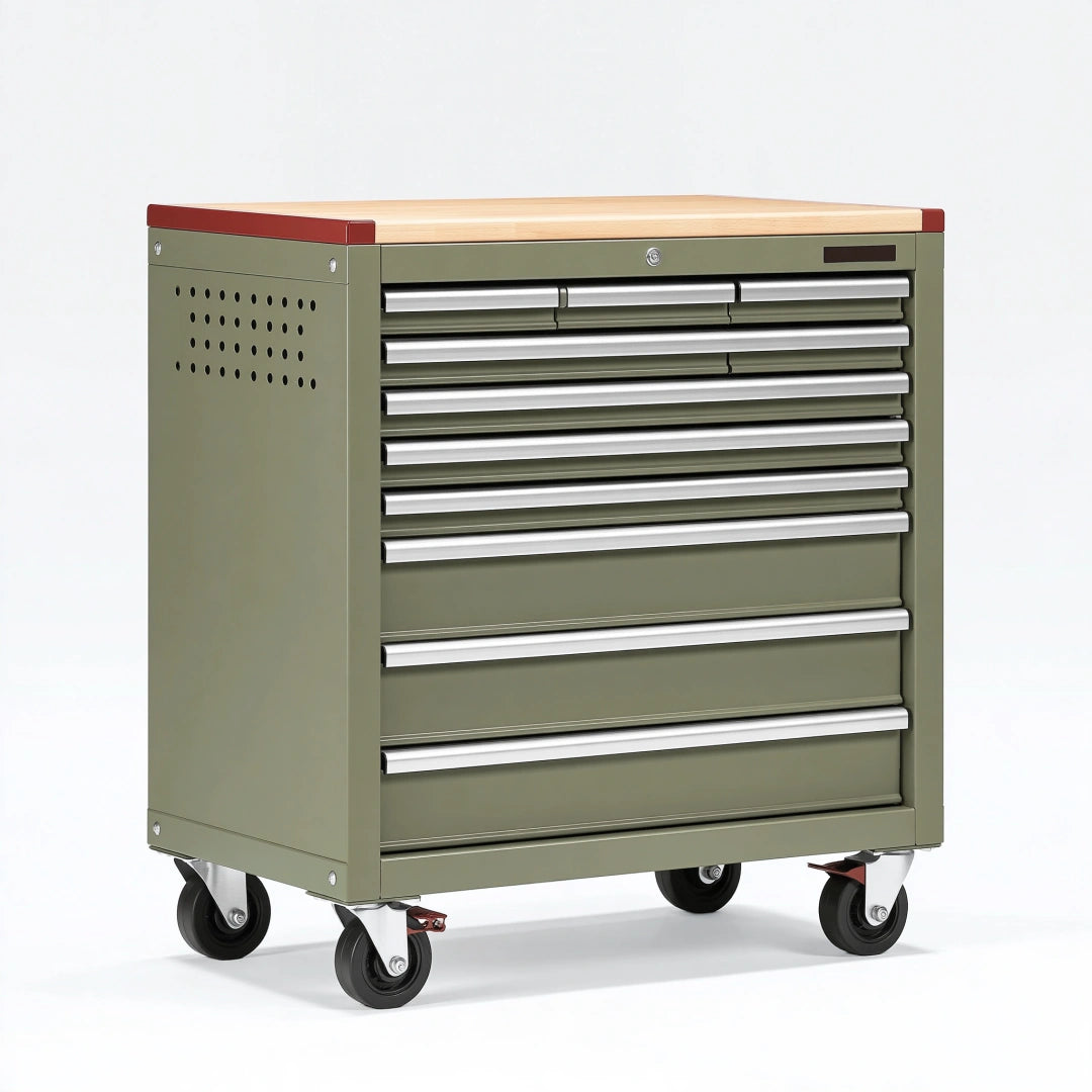 Carrello portautensili 90 x 55 x 100 cm in metallo verde oliva con piano in legno e 8 cassetti