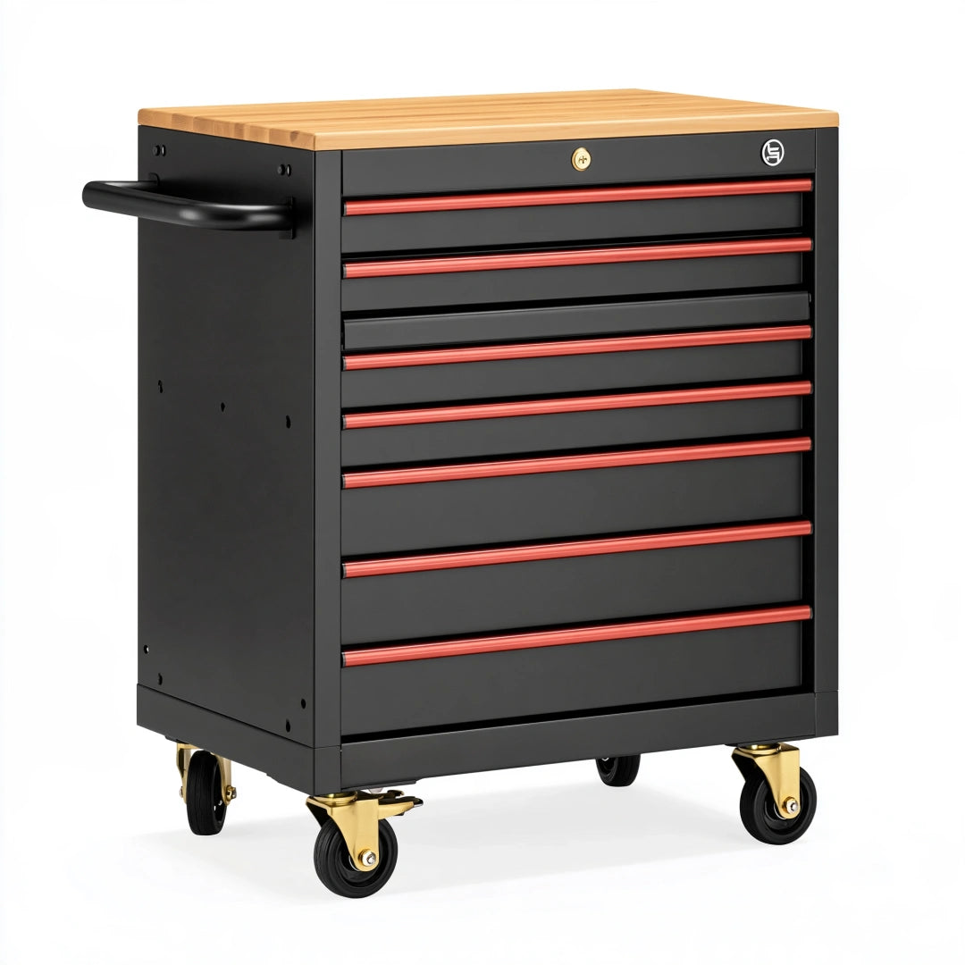 Cassettiera portautensili 77 x 46 x 98 cm in acciaio nero con piano in legno - mobile su ruote a 7 cassetti