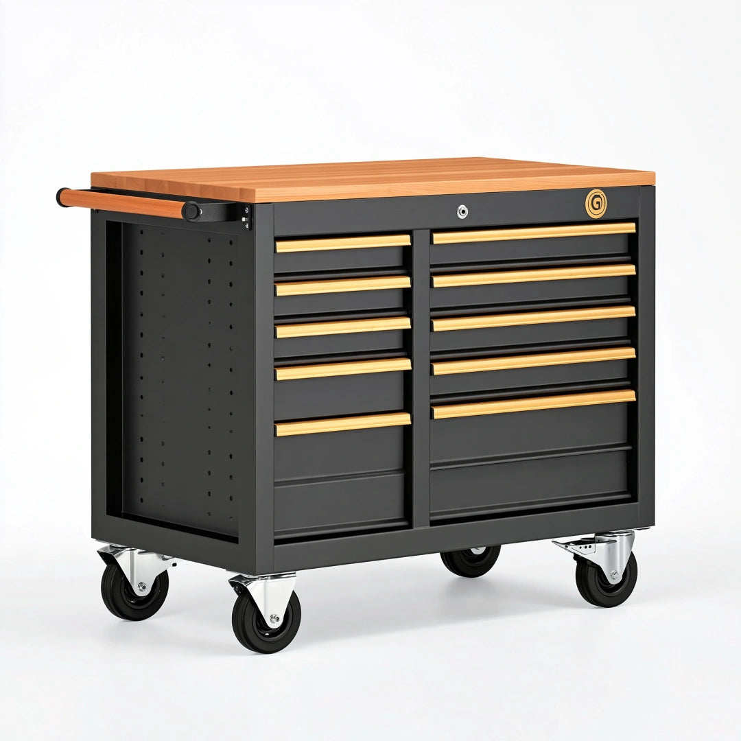 Carrello portautensili 100 x 50 x 95 cm in acciaio nero e legno con 10 cassetti