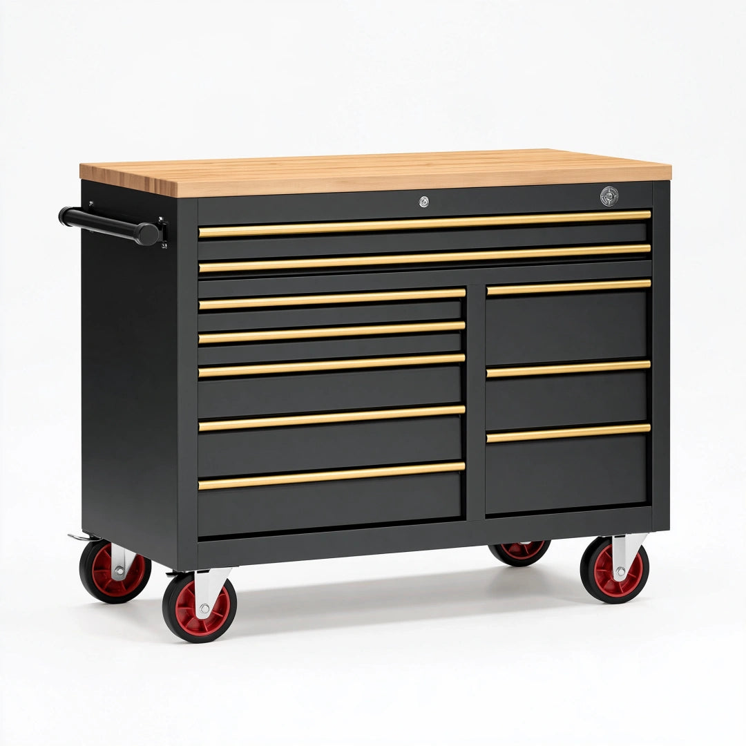 Carrello portautensili 120 x 60 x 95 cm in acciaio nero con piano in legno e ruote