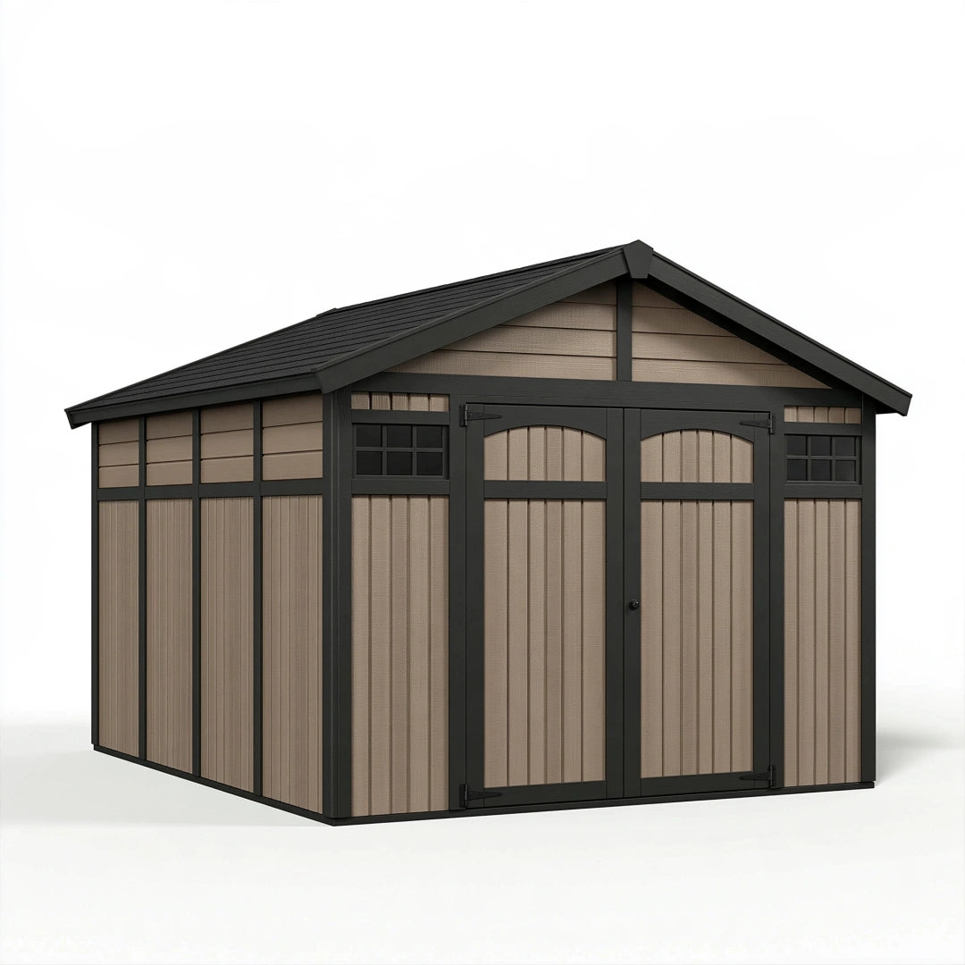 Casetta da giardino 300 x 240 x 230 cm in resina tortora e nera con doppia porta