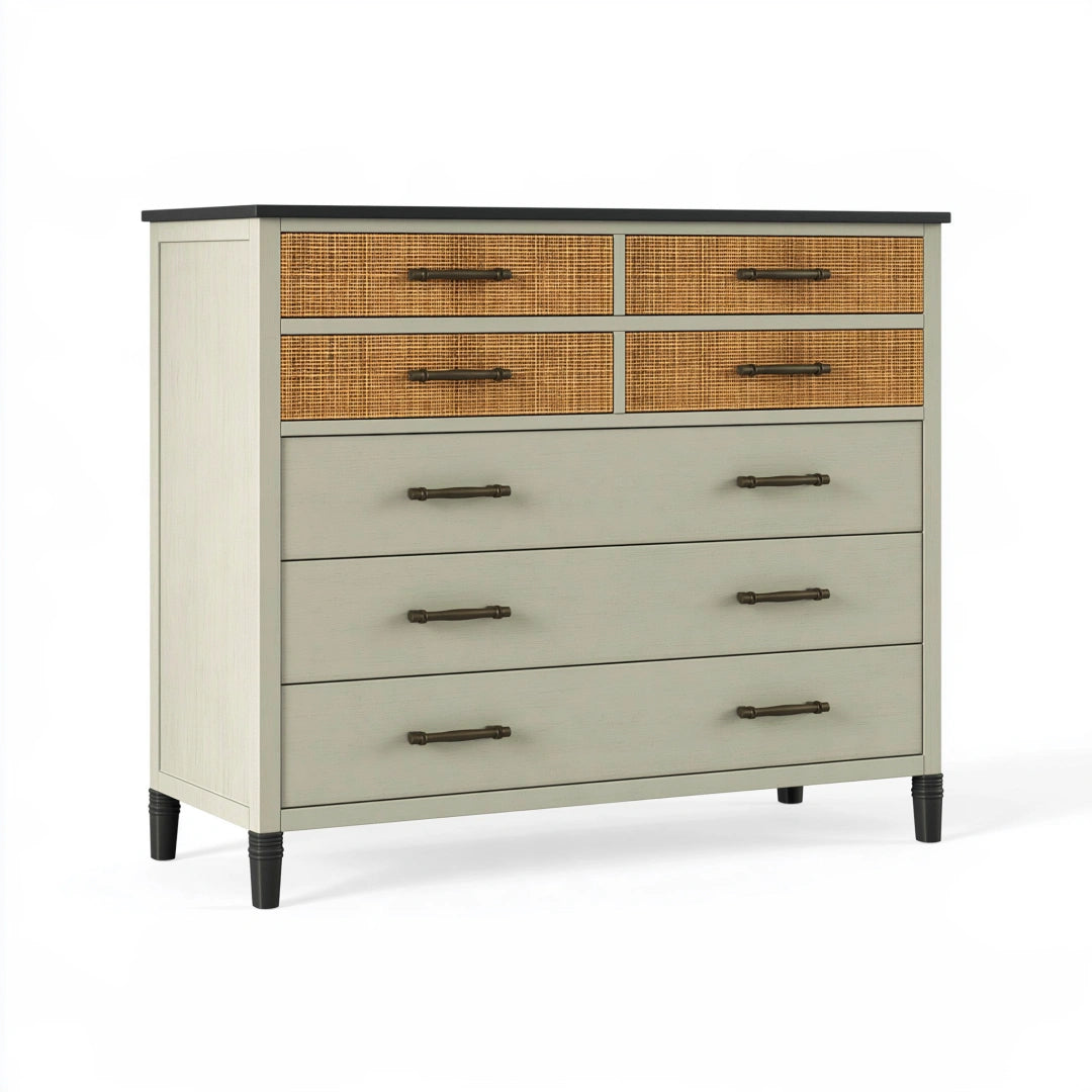 Cassettiera 120 x 45 x 100 cm in legno verde salvia con frontali intrecciati stile rustico